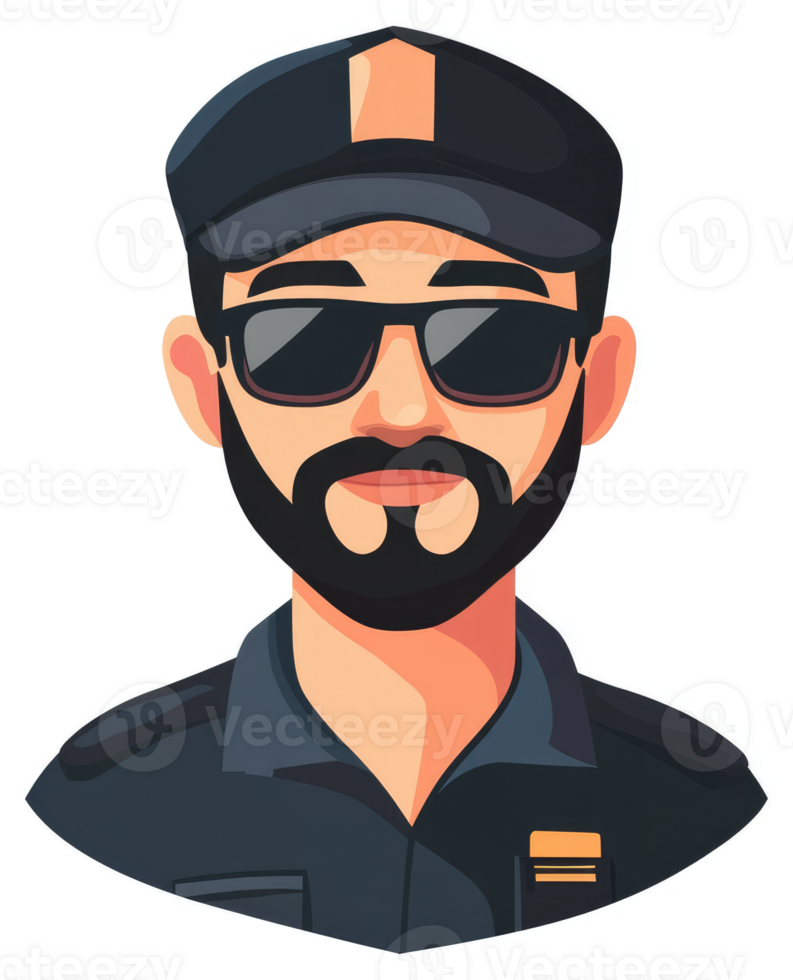 A cartoon illustration of a security guard wearing sunglasses and a uniform. png