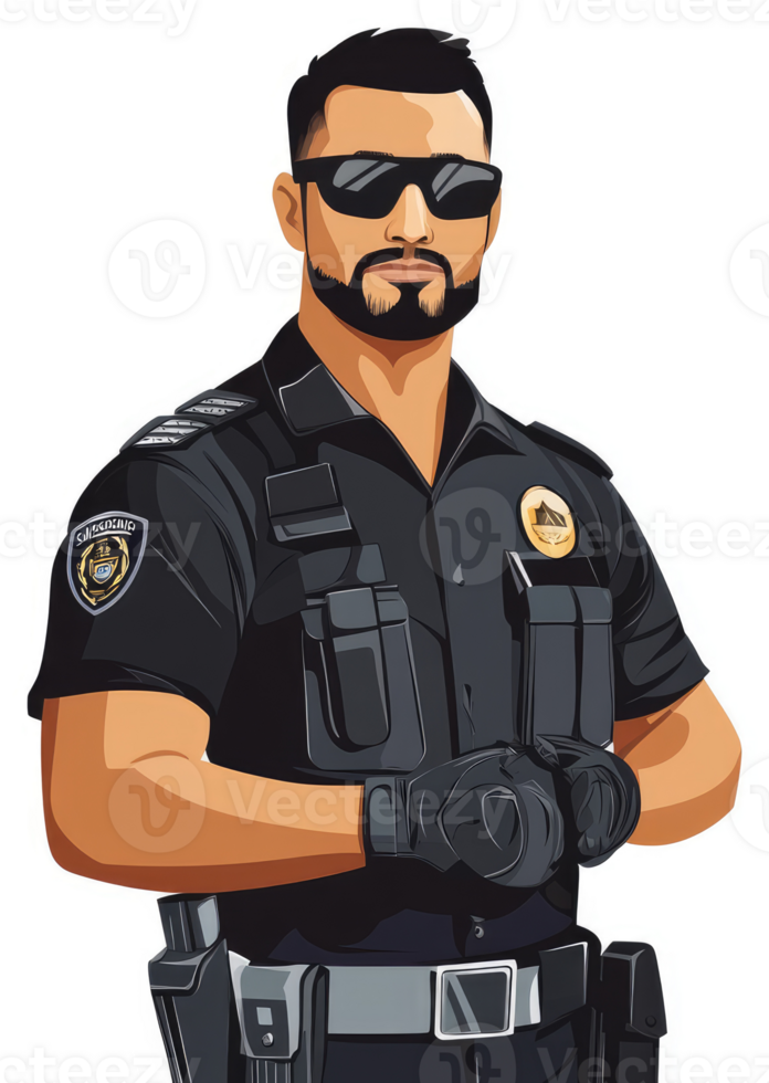 A determined security officer in a black uniform. png