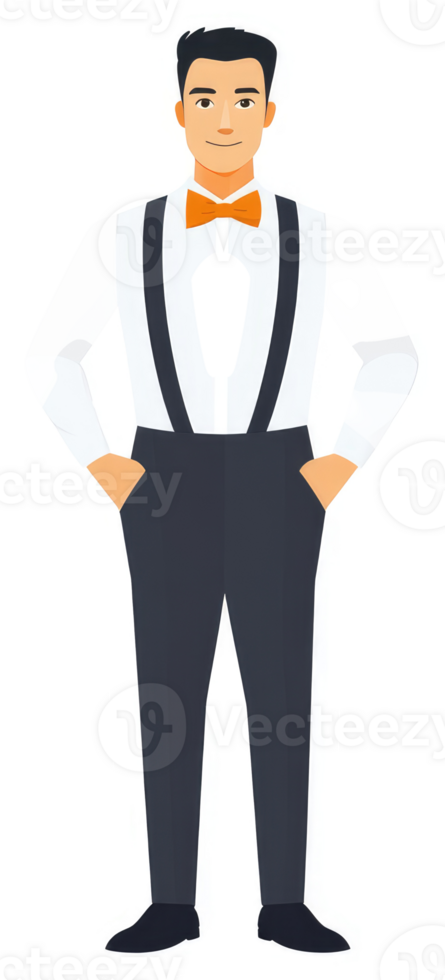 A man in formal attire with suspenders and bow tie. png