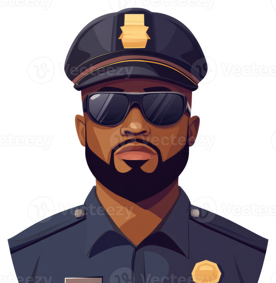 A portrait of a serious, uniformed black police officer. png
