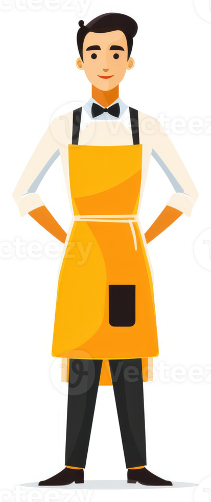 A smiling man in a bright yellow apron and black pants. png