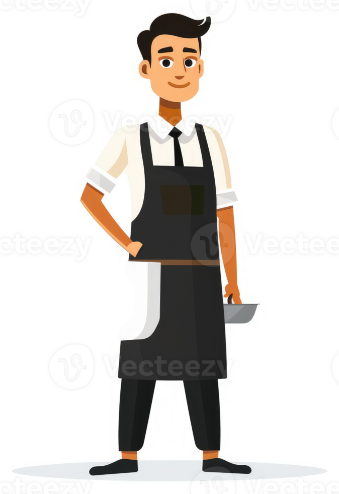 A smiling man in a chef's uniform holding a pan. png