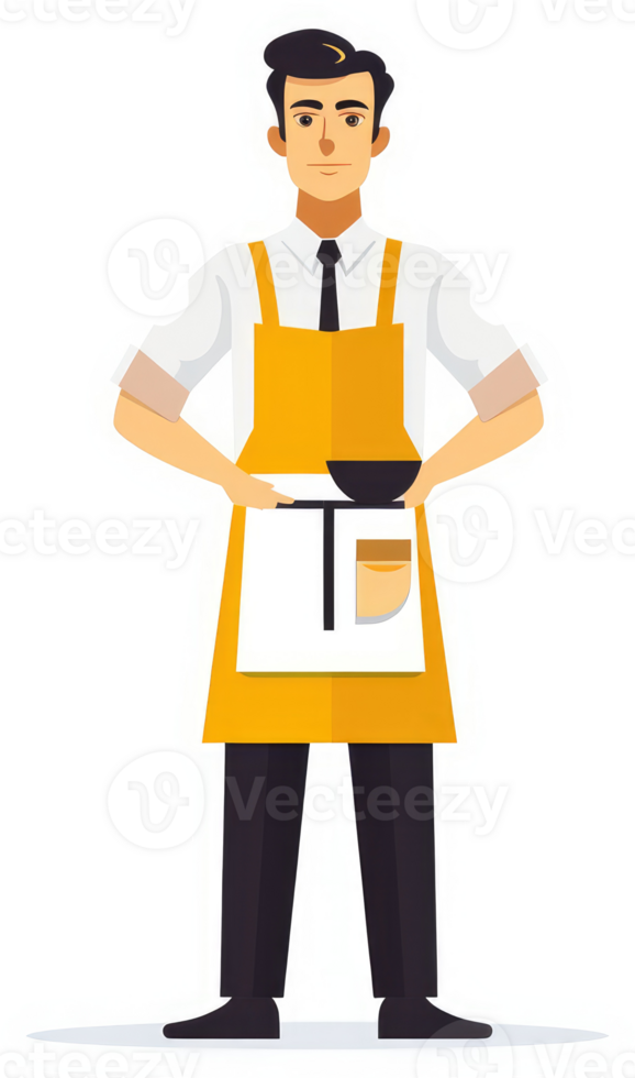 A friendly waiter in a vibrant yellow apron. png