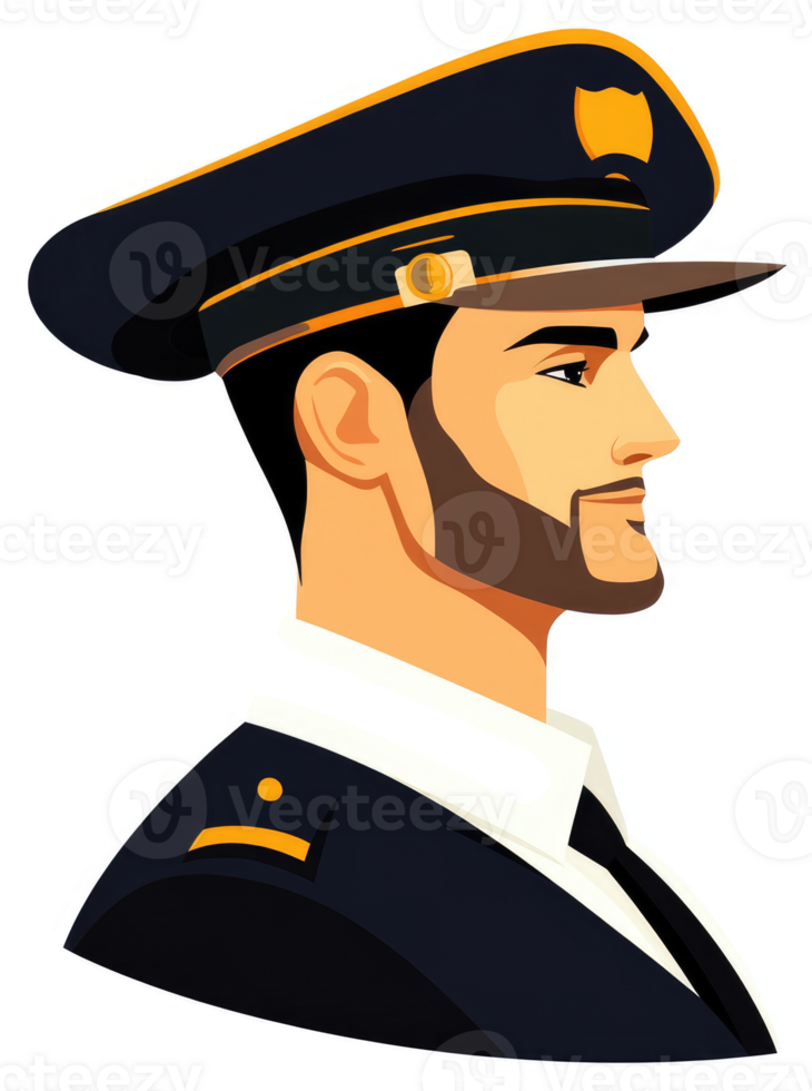 A military officer in profile view, wearing a navy uniform and a hat. png