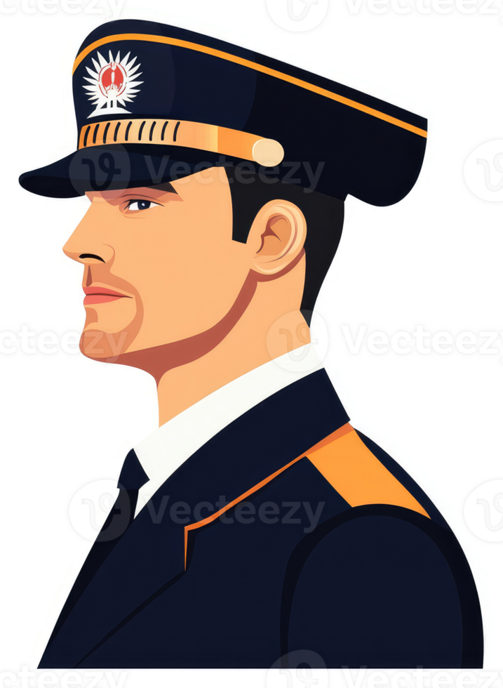 Profile view of a uniformed security guard in a formal navy blue uniform. png
