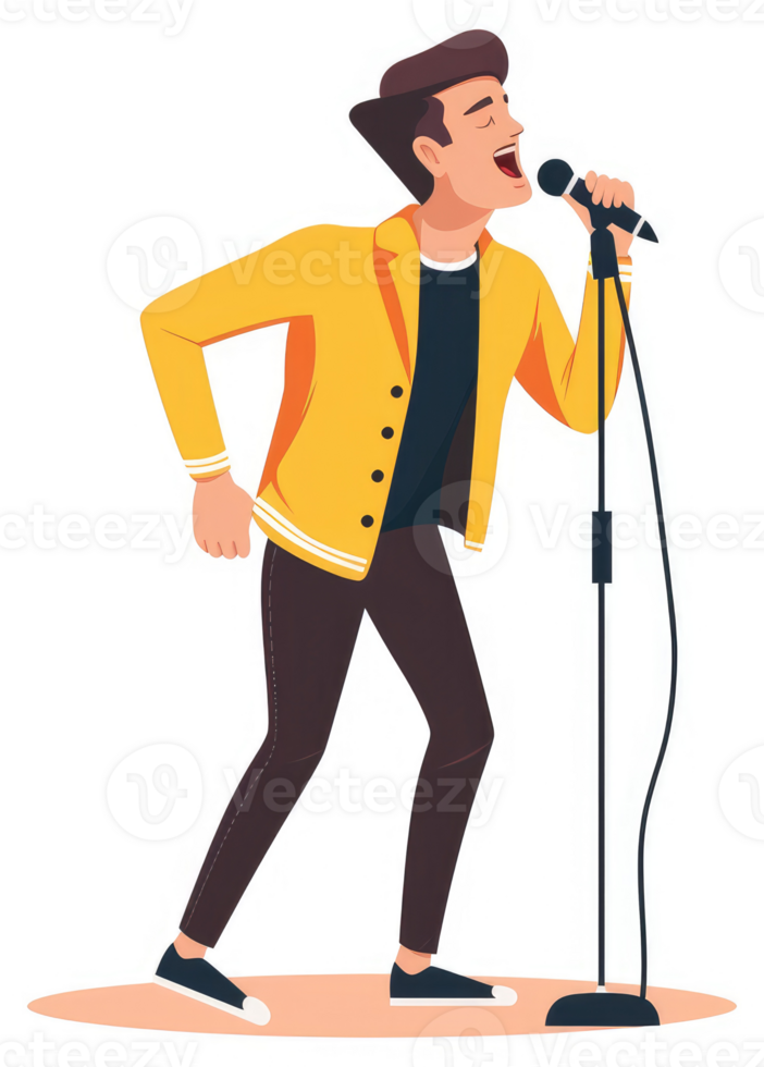 A man in a yellow jacket sings into a microphone. png
