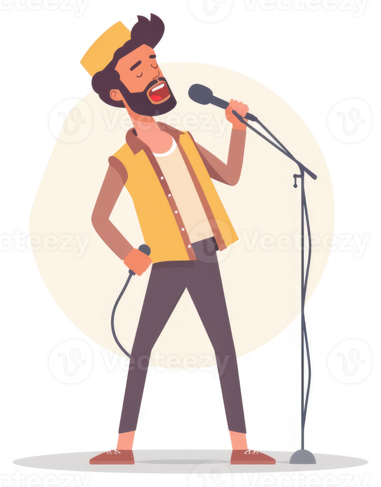 A man with a beard and a hat sings into a microphone. png