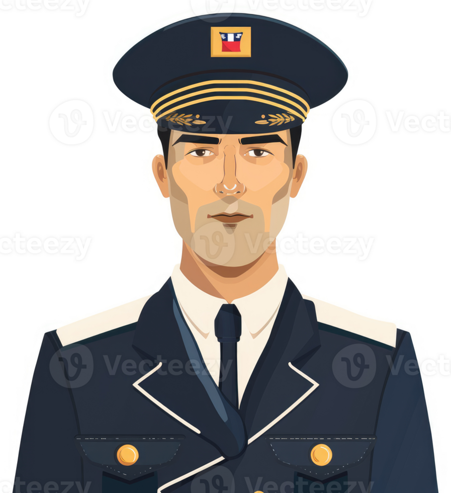A military officer in a navy blue uniform and a peaked cap. png