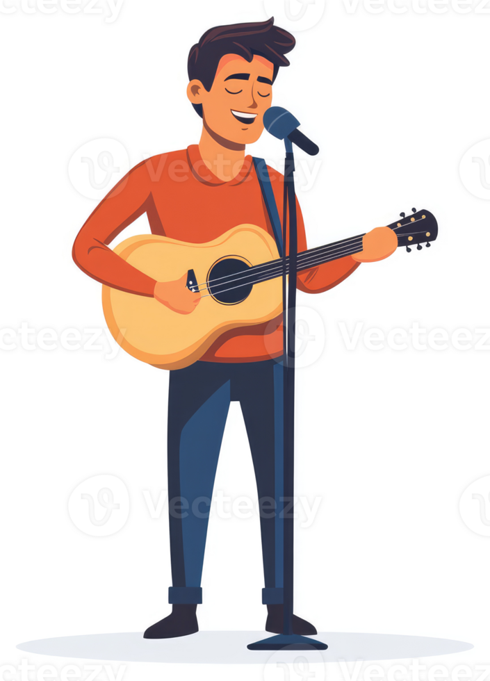 A man performing on stage with an acoustic guitar and microphone. png