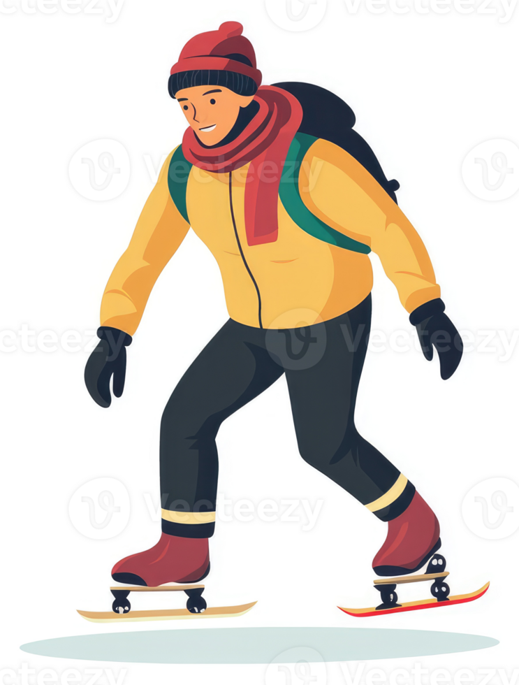 A person in winter gear skates across ice on a pair of snowshoes. png