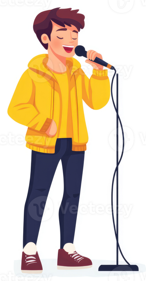 A young person in a yellow jacket sings into a microphone. png