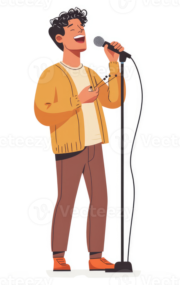 A man joyfully singing into a microphone. png