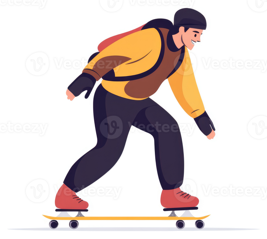 A person on a skateboard, wearing a warm jacket and a beanie. png