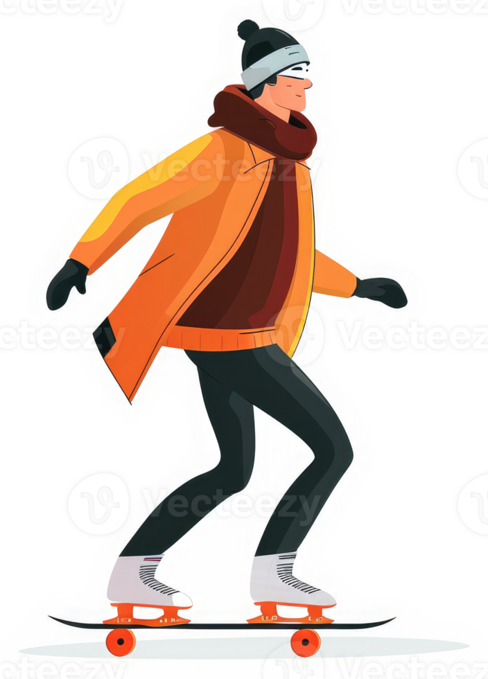 A person in warm winter clothing skates on a skateboard. png