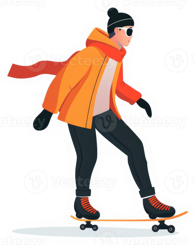 A person in winter gear skates on a skateboard. png