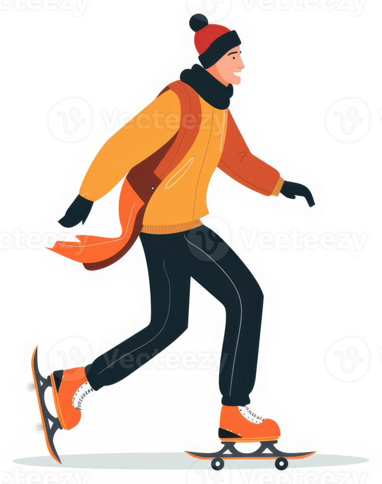 A person in warm winter attire skates on a skateboard. png