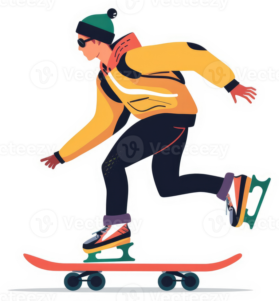 A person in winter wear skates on a skateboard. png