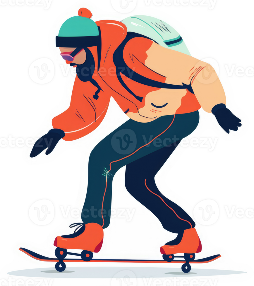 A person in winter gear skateboarding on a snowboard. png