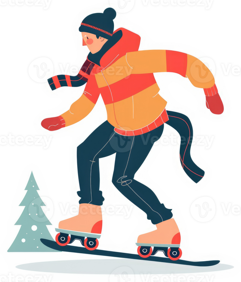 A person in warm winter clothes is ice skating on a snowy surface. png