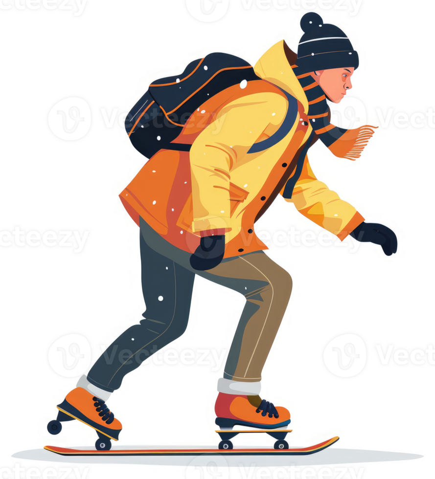 A person wearing winter gear skates on a snow board. png