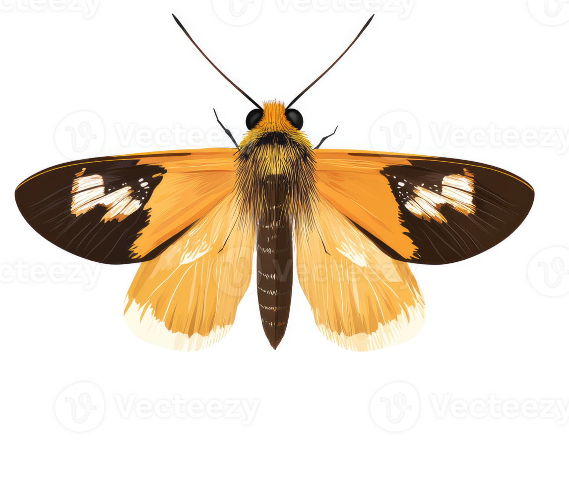 A detailed illustration of a vibrant orange and brown moth. png
