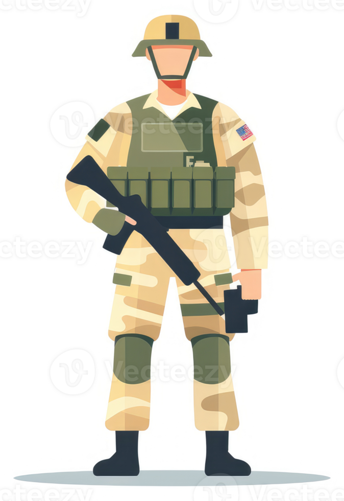 A soldier in camouflage uniform holding a rifle and equipment. png