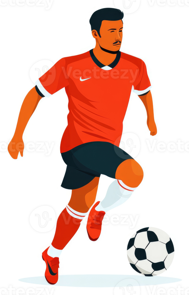 A soccer player in motion, dribbling the ball. png