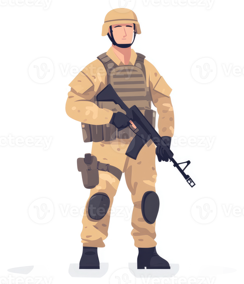 A soldier in camouflage uniform stands guard with an assault rifle. png
