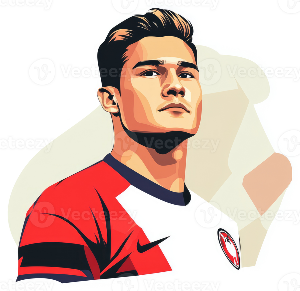 A stylized portrait of a male soccer player in a red and white jersey. png