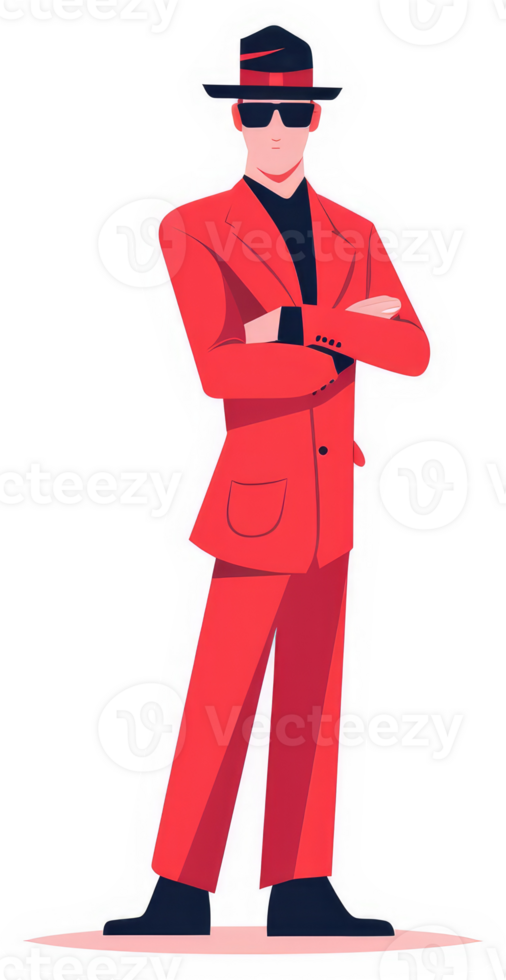 A stylish man in a bold red suit and fedora. png