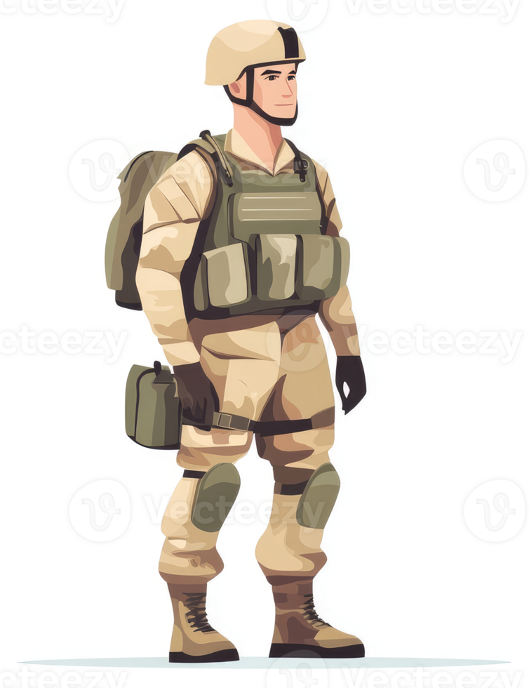 A soldier in camouflage uniform, equipped with protective gear and a backpack. png