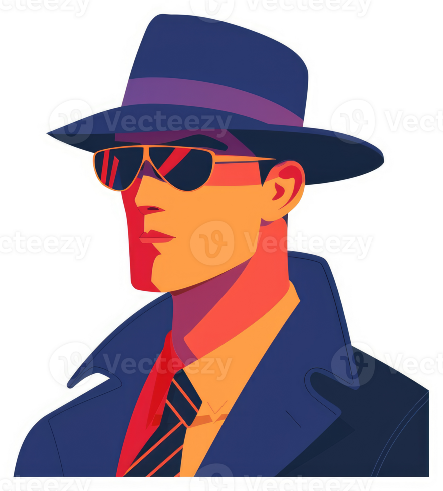 A stylish illustration of a man in a fedora and sunglasses. png