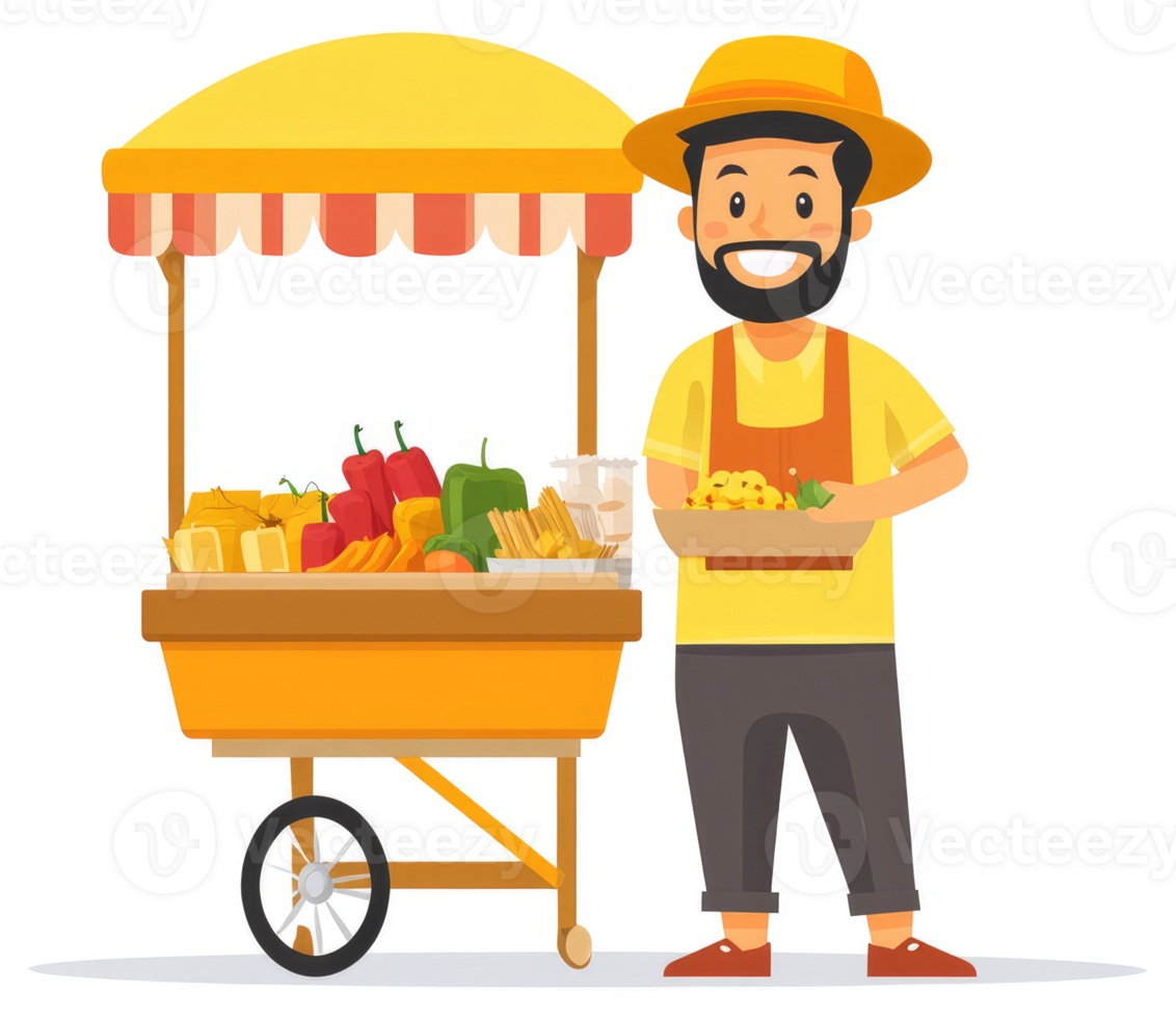 A cheerful street vendor displays assorted fresh produce and snacks from a vibrant yellow food cart. png