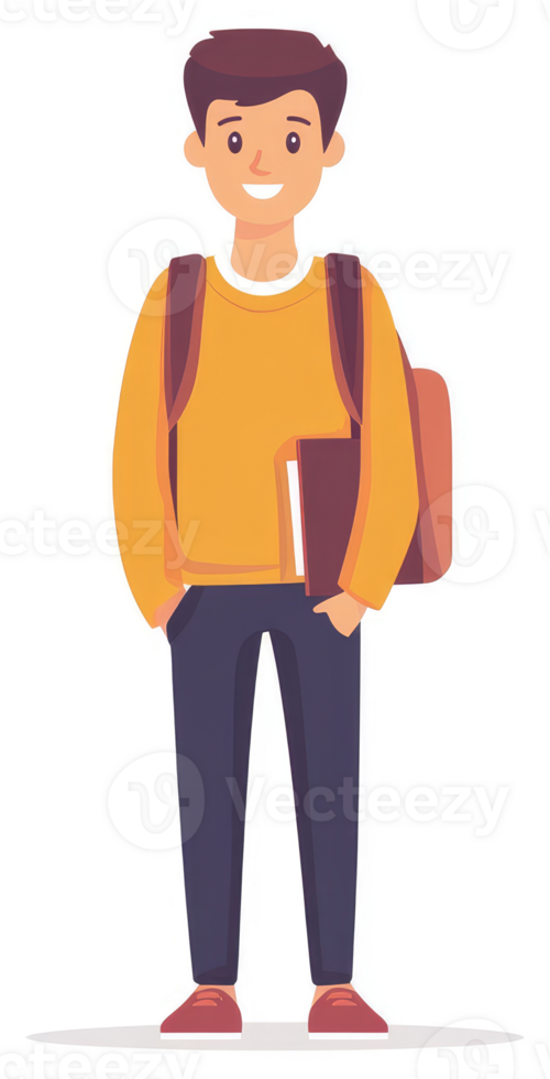 A smiling student with a backpack and books. png