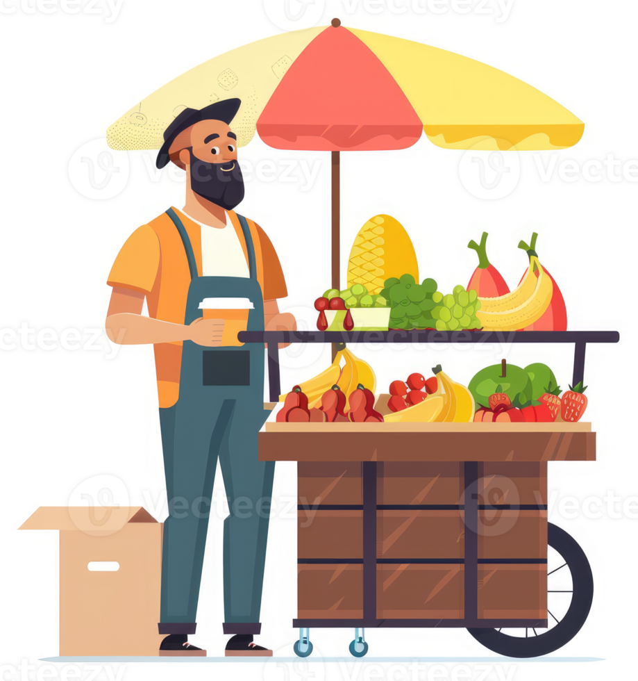 A smiling vendor stands by a fruit cart laden with fresh produce. png