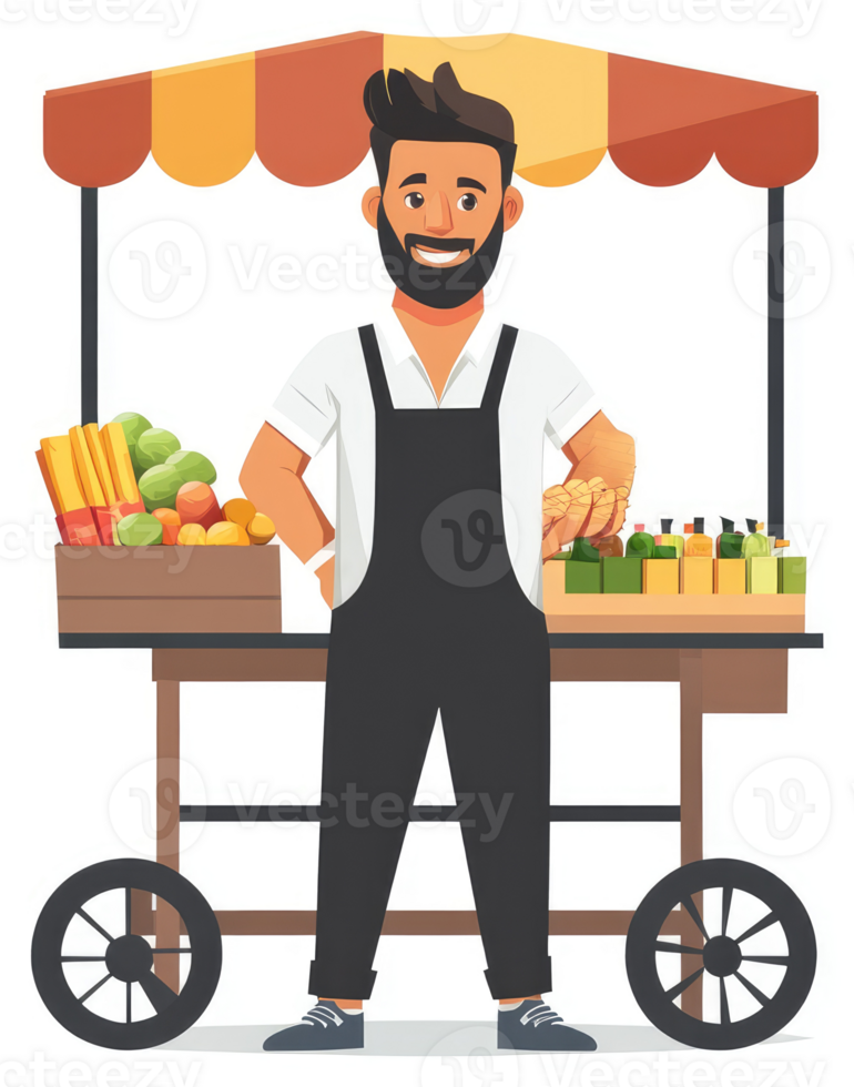 A smiling street vendor displays fresh produce and goods at his cart. png
