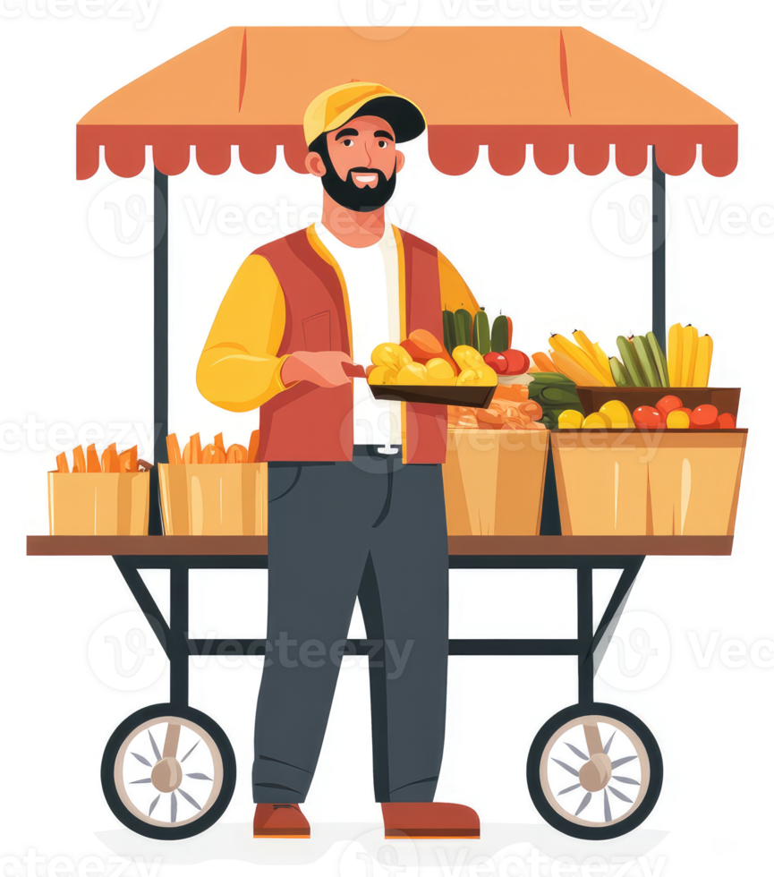 A friendly street vendor displays fresh produce and snacks at their outdoor market cart. png