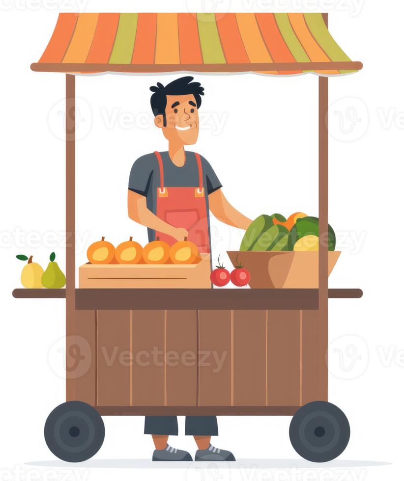 A cheerful street vendor displays fresh produce at a market stall. png