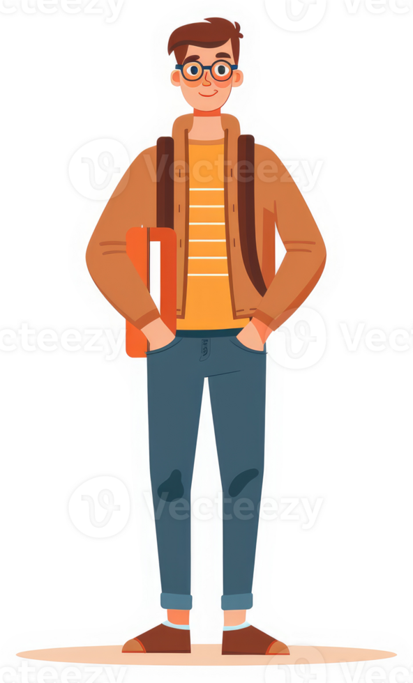 A cheerful student with a tan jacket and striped shirt. png