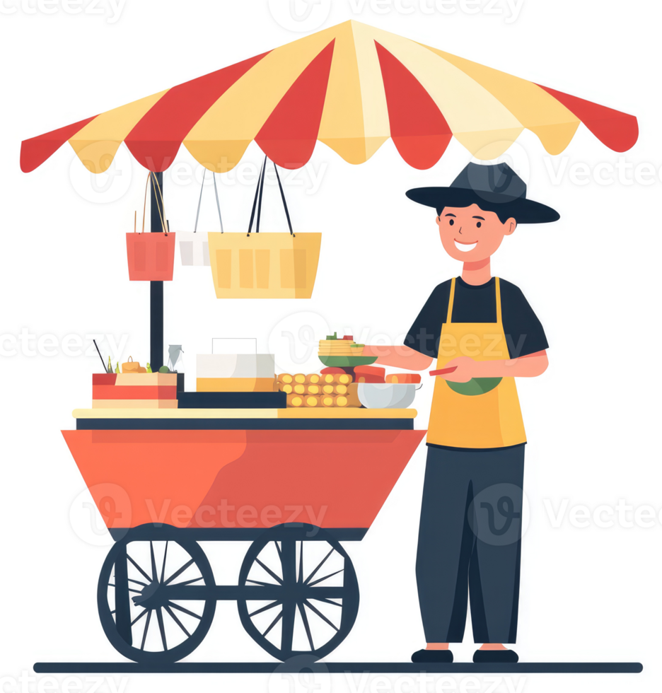 A street food cart vendor serving various asian street food. png