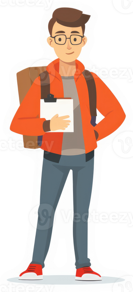 A young man with a backpack and clipboard, ready for an adventure. png