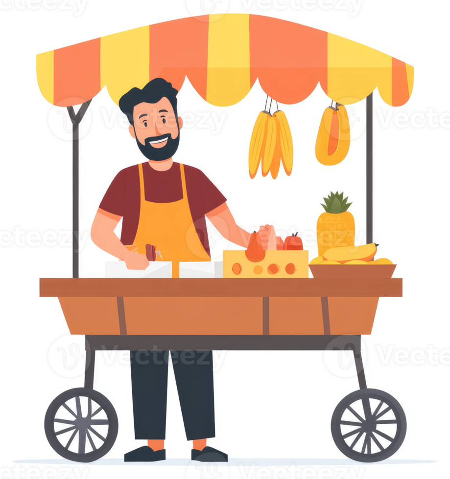 A friendly street vendor selling various tropical fruits from a colorful cart. png