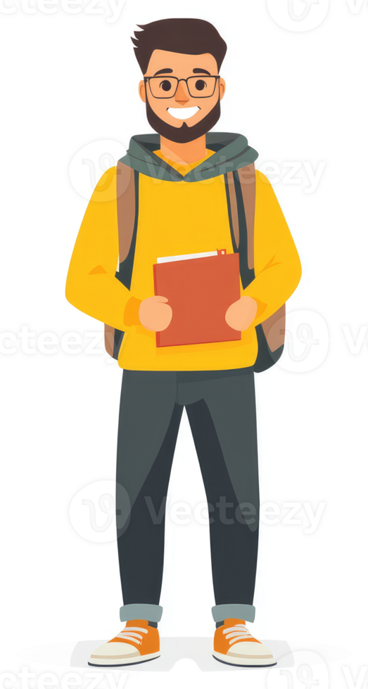 A smiling student with a backpack and a book, ready for class. png