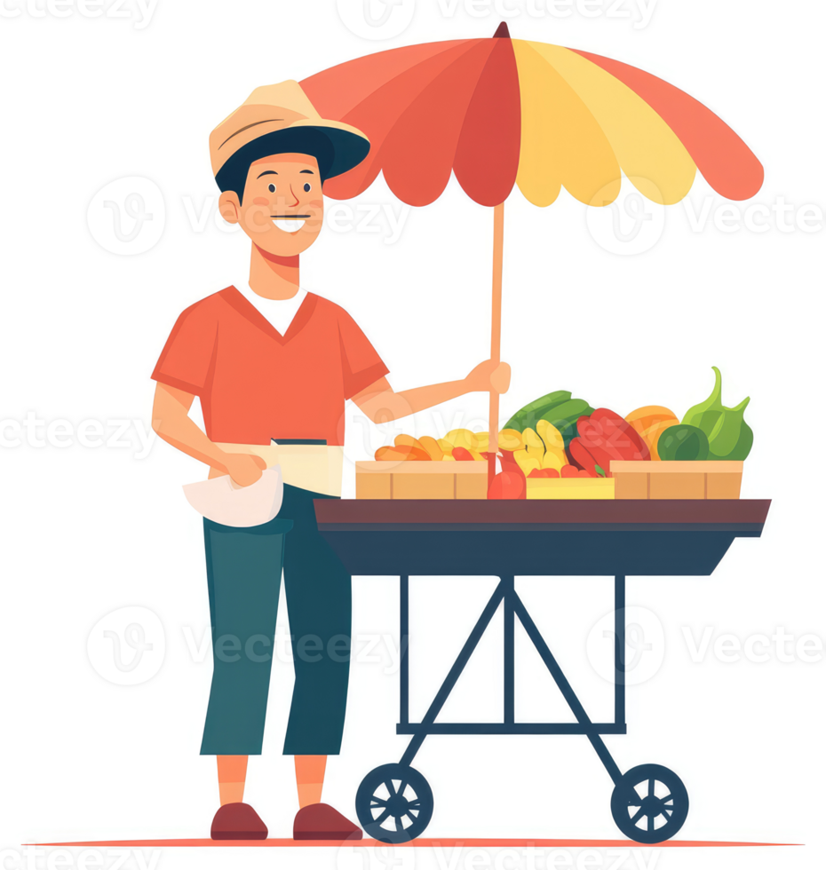 A friendly street vendor displays fresh produce in a market cart. png