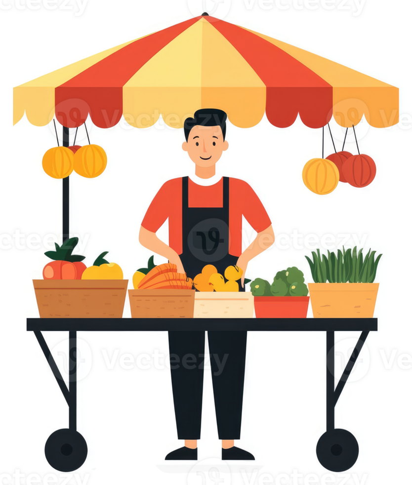 A friendly farmer stands at a vibrant outdoor market stall. png