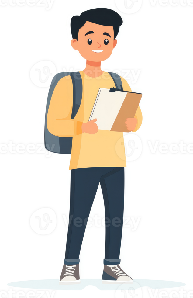 A cheerful student carrying a clipboard and backpack. png