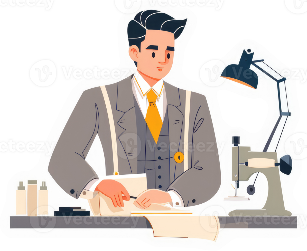 A tailor in a vintage suit meticulously works on fabric at his workbench. png