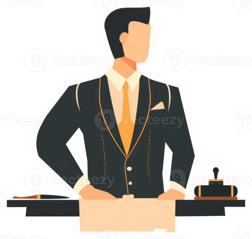 A distinguished businessman stands behind a document, ready to sign. png