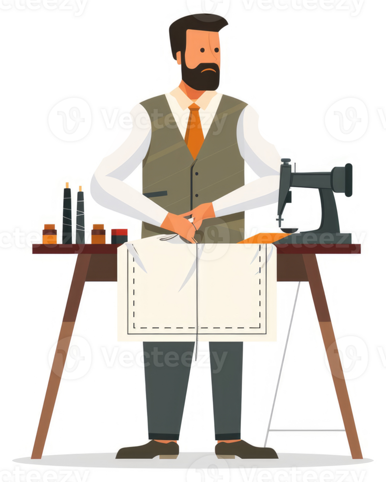 A tailor meticulously working on a garment design at his workbench. png
