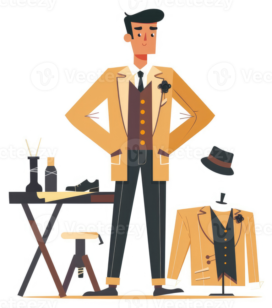 A stylish gentleman tailor showcasing a collection of dapper attire. png